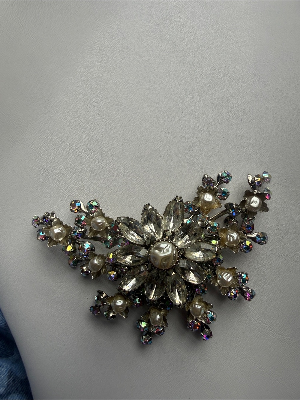 Crystal and Pearl Floral Brooch Necklace - Silver Tone